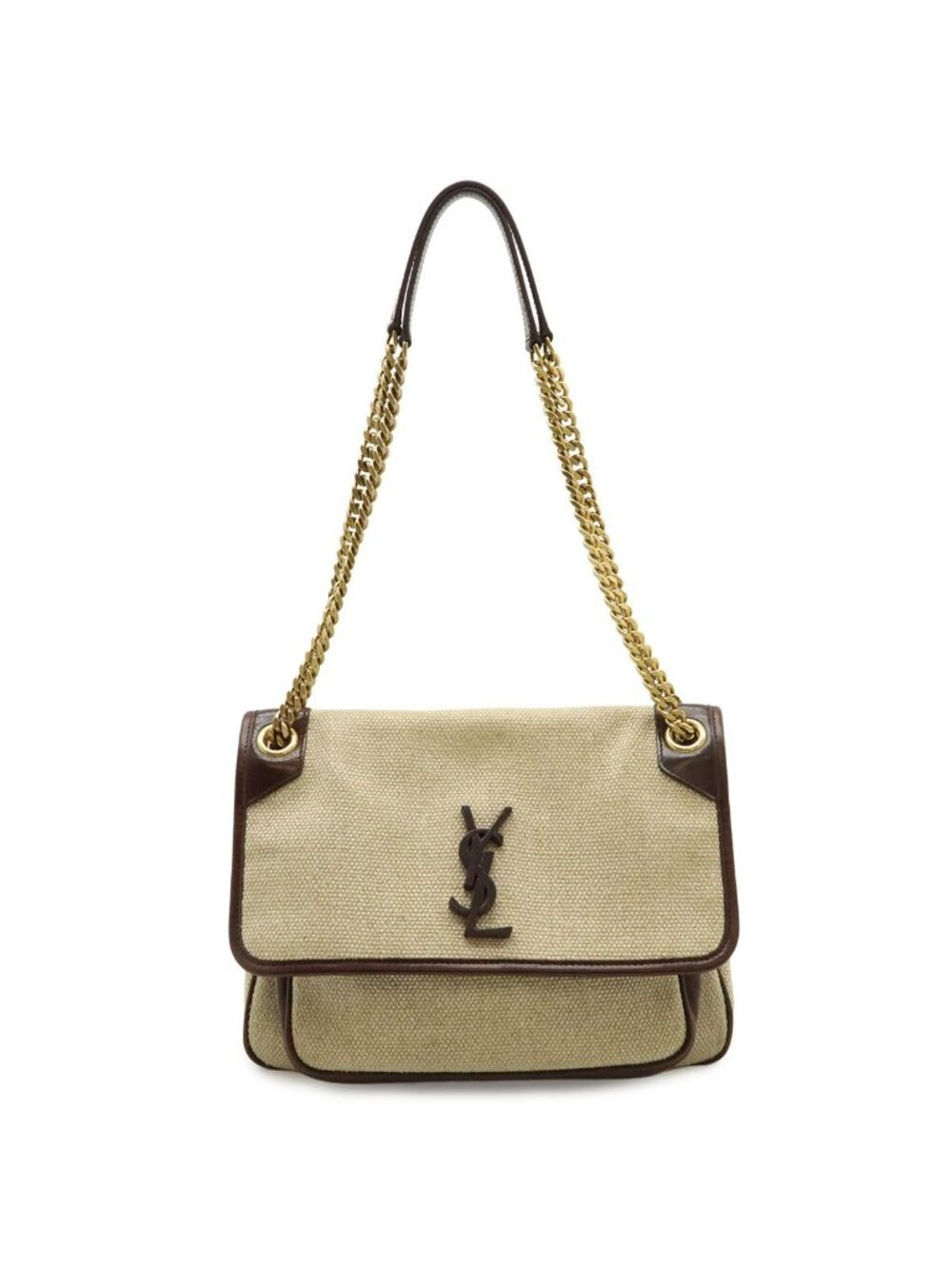 Saint Laurent Paris YSL Niki Chain Shoulder Bag Linen Canvas Beige